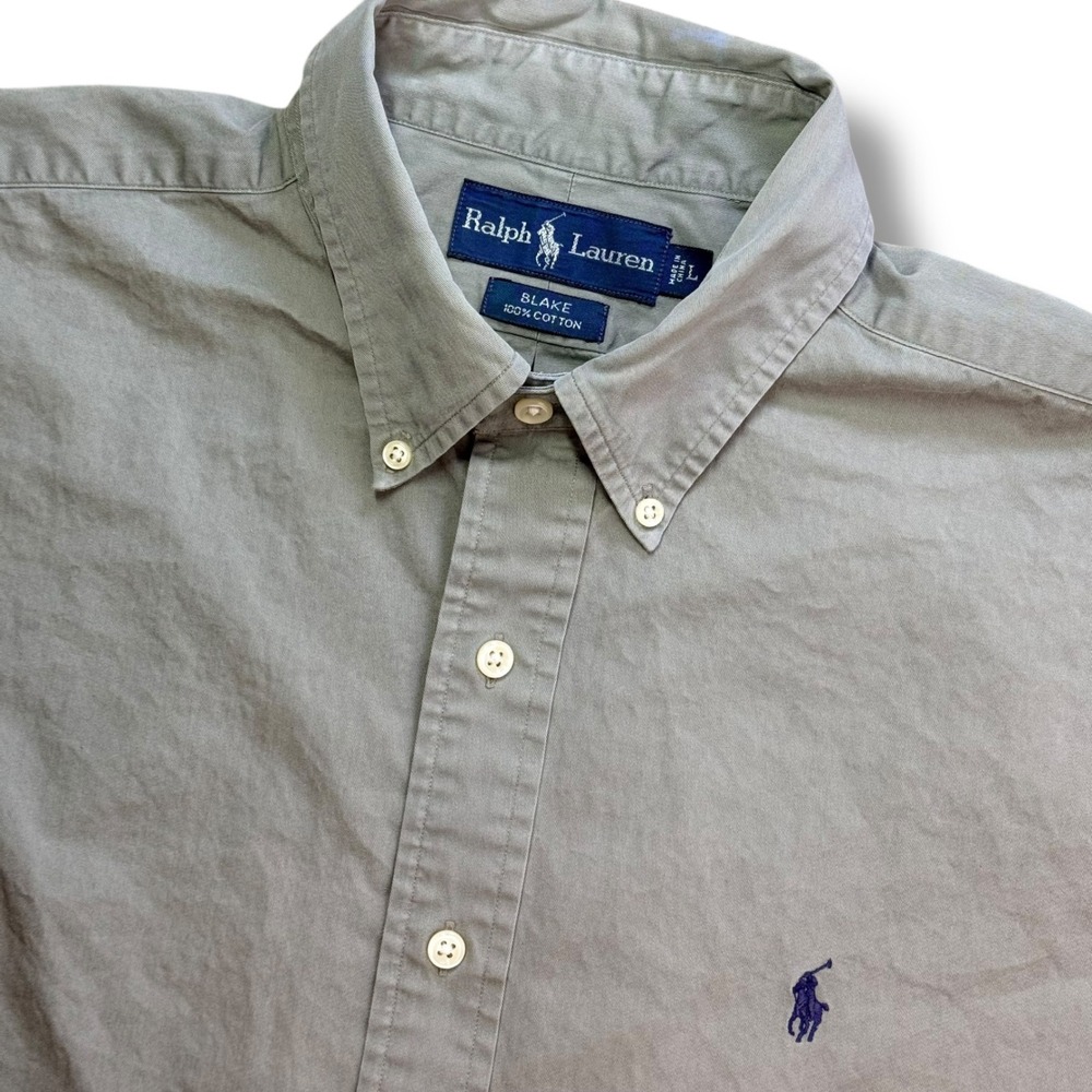 Vintage Ralph Lauren Button Down Men Large Gray Blake Cotton Short Sleeve Shirt
